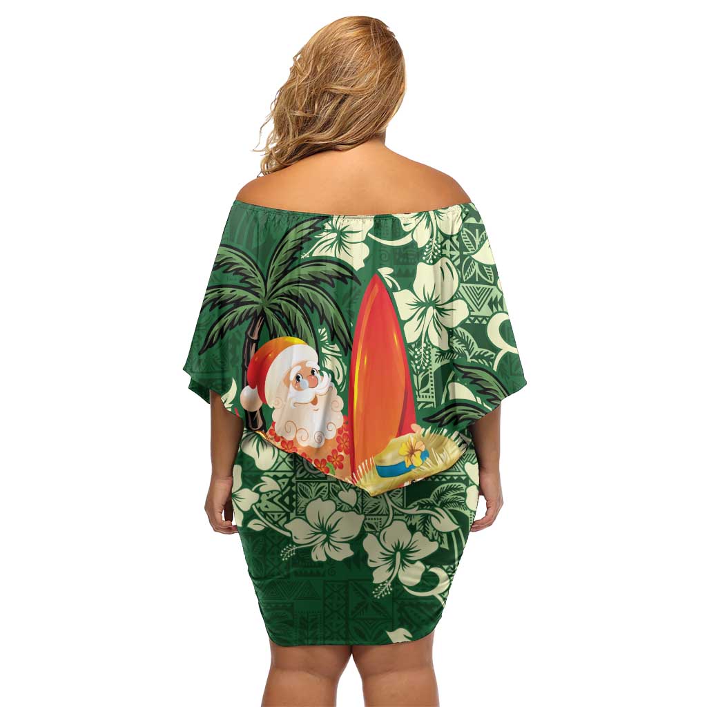 Moss Green Tropical Christmas Hawaii Tapa Off Shoulder Short Dress Aloha Santa Drink Party - Polynesian Pride