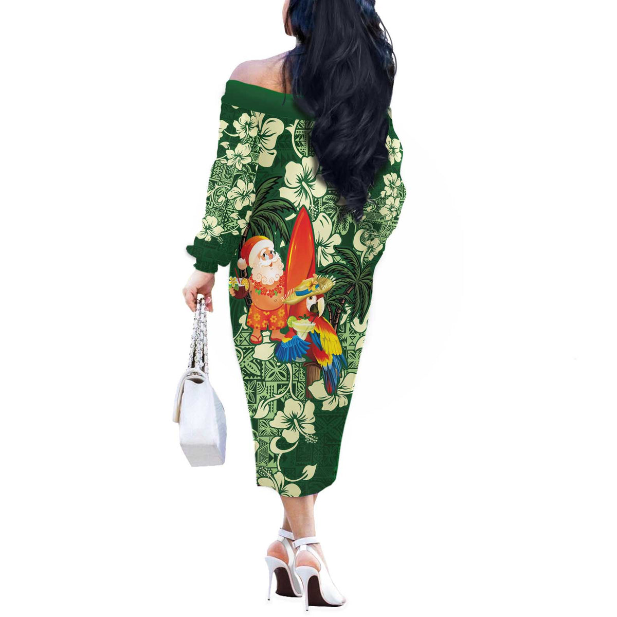 Moss Green Tropical Christmas Hawaii Tapa Off The Shoulder Long Sleeve Dress Aloha Santa Drink Party - Polynesian Pride