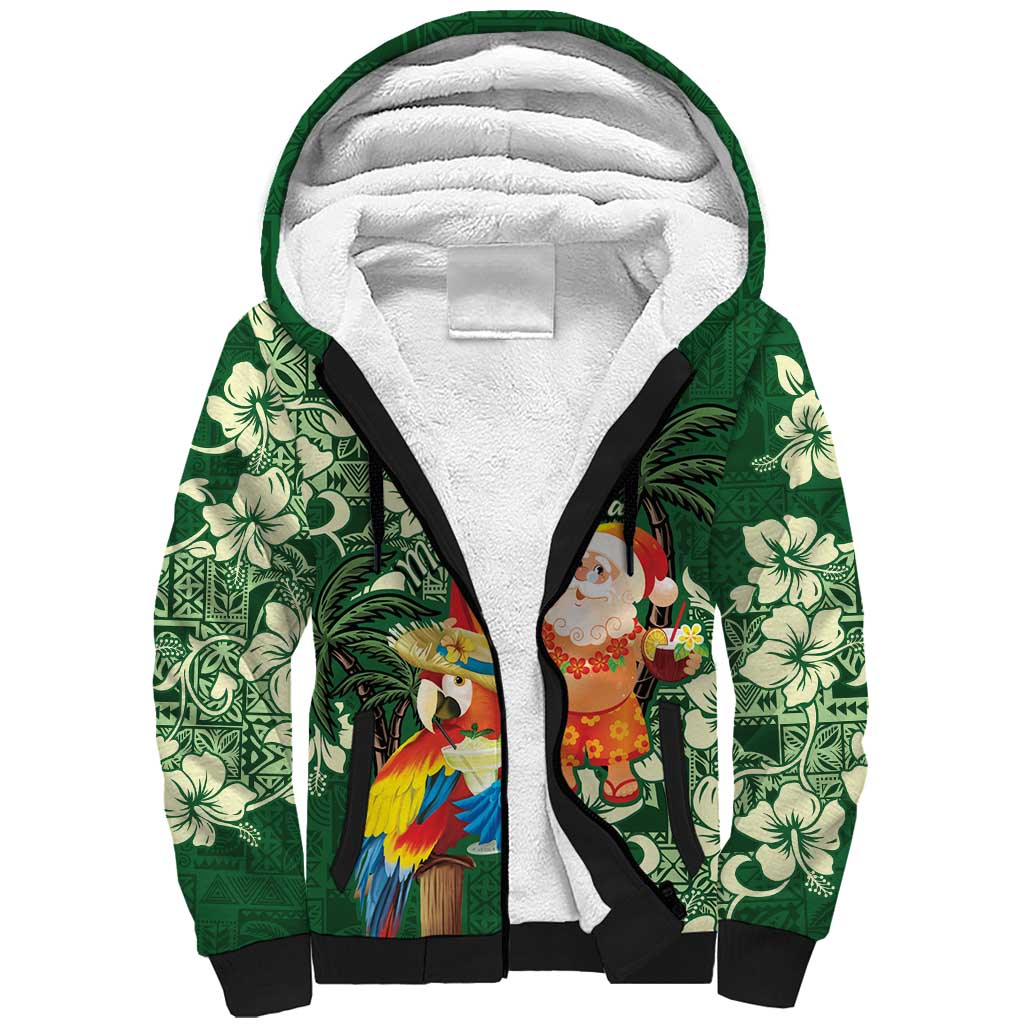 Moss Green Tropical Christmas Hawaii Tapa Sherpa Hoodie Aloha Santa Drink Party - Polynesian Pride