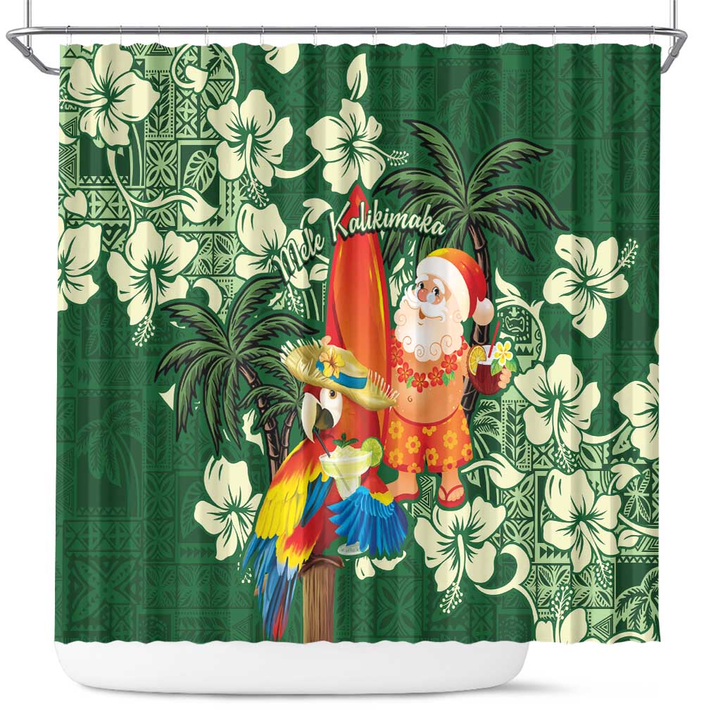 Moss Green Tropical Christmas Hawaii Tapa Shower Curtain Aloha Santa Drink Party - Polynesian Pride