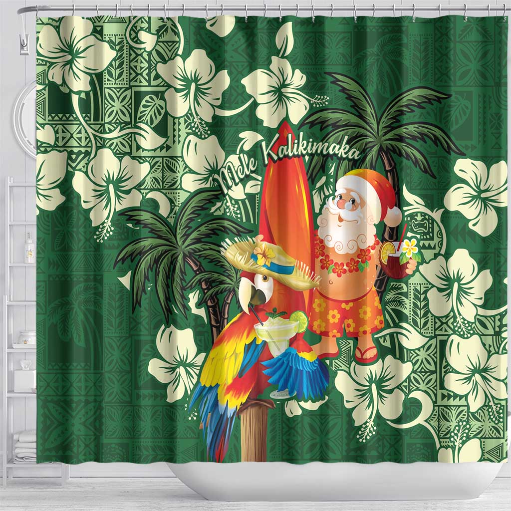 Moss Green Tropical Christmas Hawaii Tapa Shower Curtain Aloha Santa Drink Party - Polynesian Pride