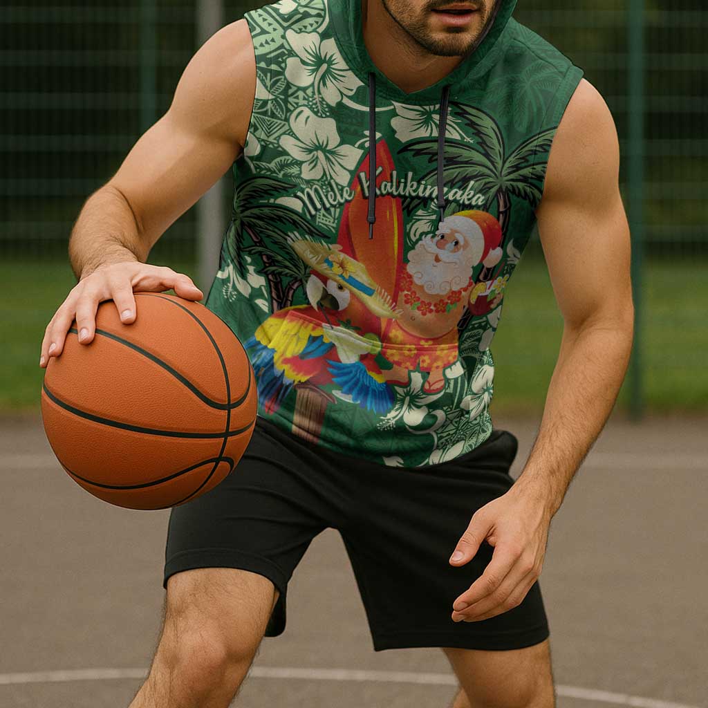 Moss Green Tropical Christmas Hawaii Tapa Sleeveless Hoodie Aloha Santa Drink Party - Polynesian Pride