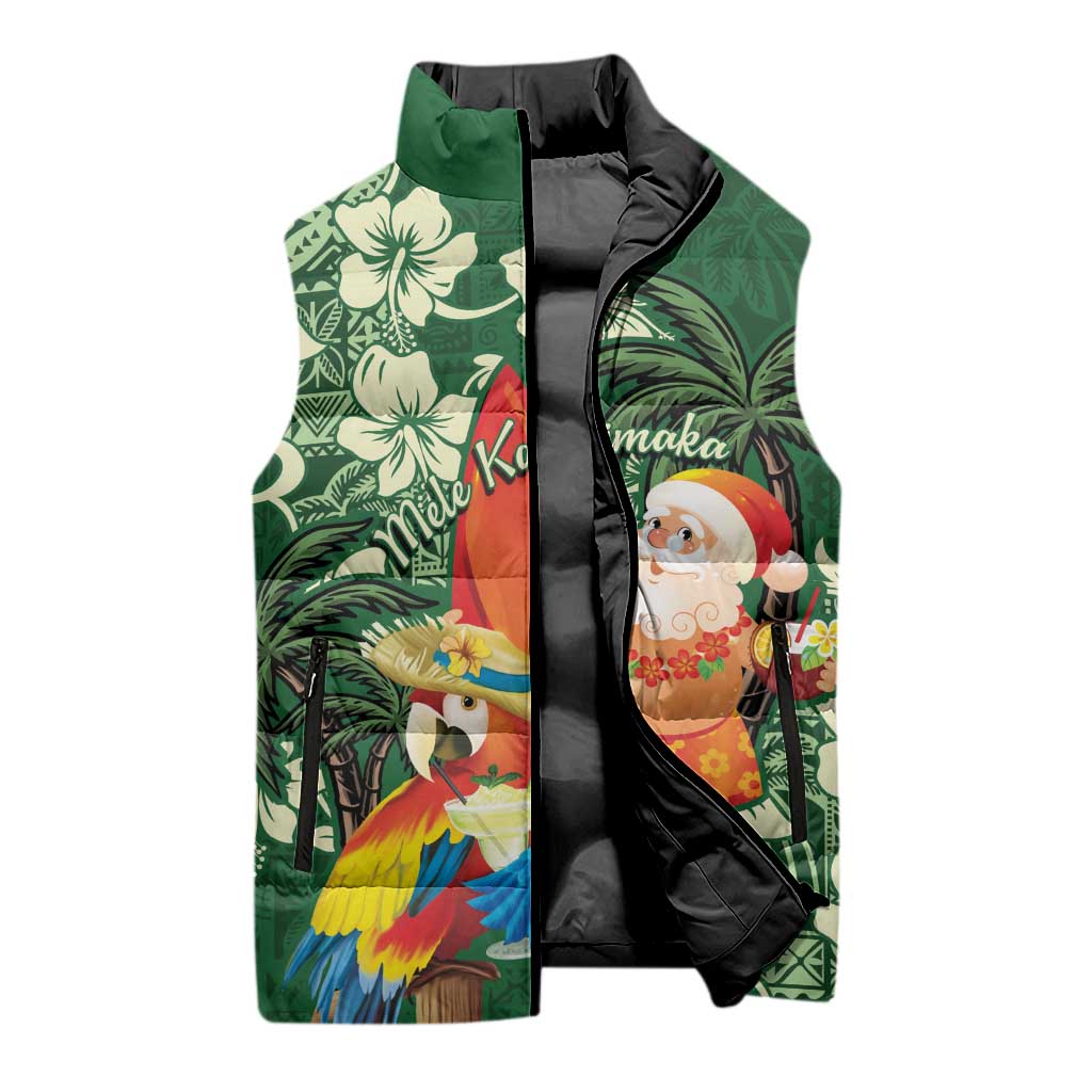 Moss Green Tropical Christmas Hawaii Tapa Sleeveless Puffer Jacket Aloha Santa Drink Party - Polynesian Pride