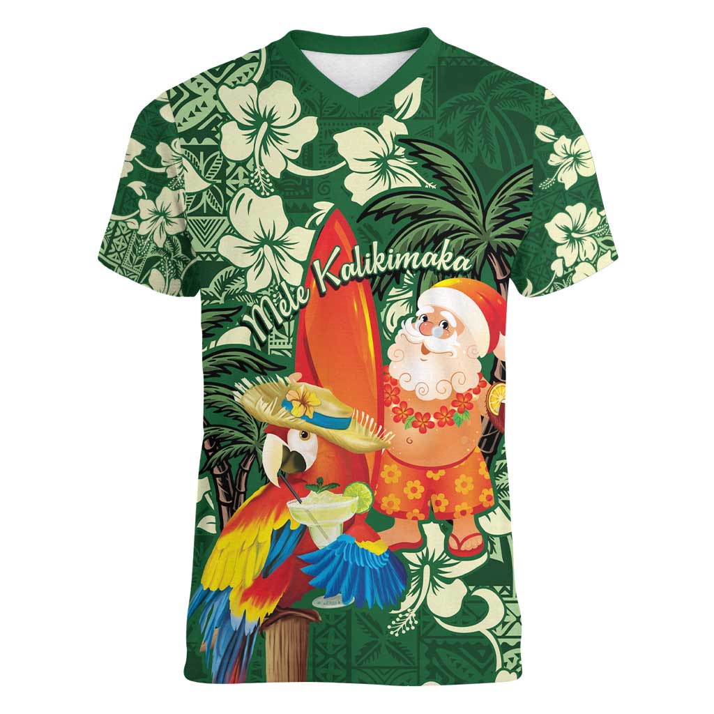 Moss Green Tropical Christmas Hawaii Tapa Women V-Neck T-Shirt Aloha Santa Drink Party - Polynesian Pride