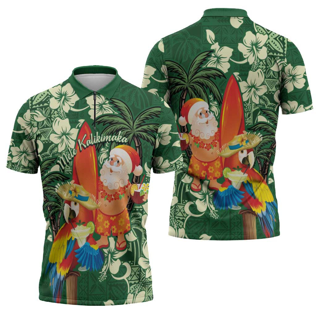 Moss Green Tropical Christmas Hawaii Tapa Zipper Polo Shirt Aloha Santa Drink Party - Polynesian Pride