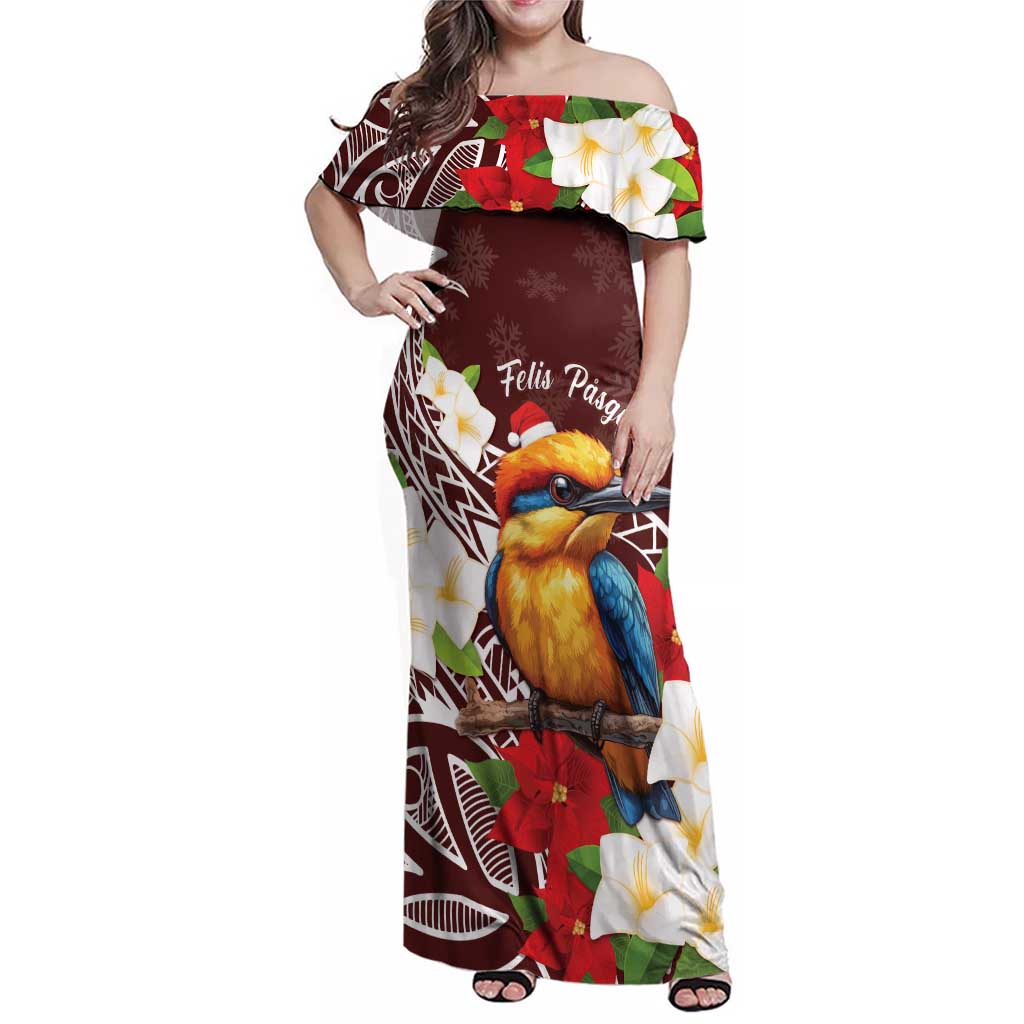 Felis Pasgua Guam Family Matching Off Shoulder Maxi Dress and Hawaiian Shirt Christmas Sihek Kingfisher with Guasali