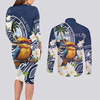 Hafa Adai Guam Couples Matching Long Sleeve Bodycon Dress and Long Sleeve Button Shirt Sihek Guam Kingfisher with Guasali