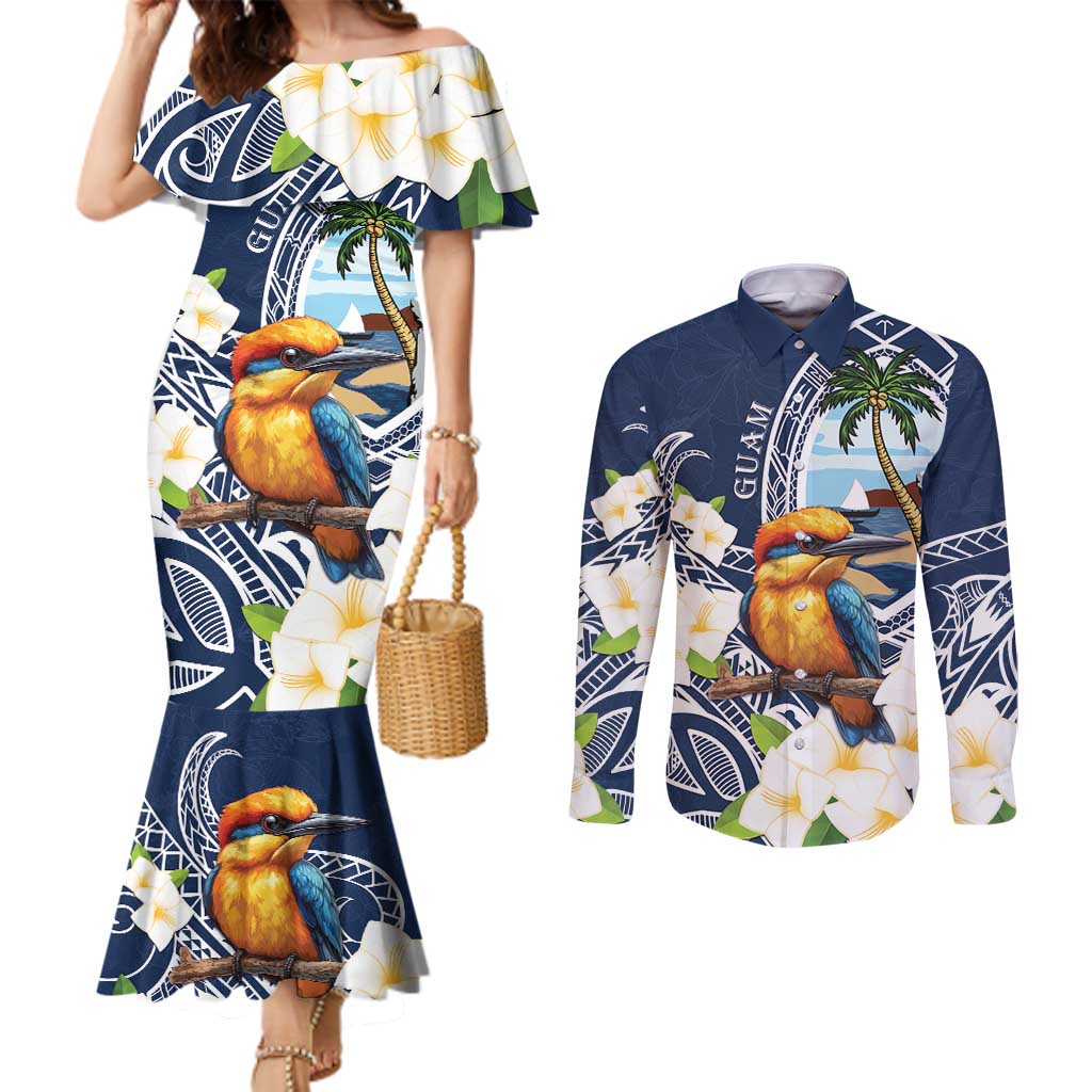 Hafa Adai Guam Couples Matching Mermaid Dress and Long Sleeve Button Shirt Sihek Guam Kingfisher with Guasali