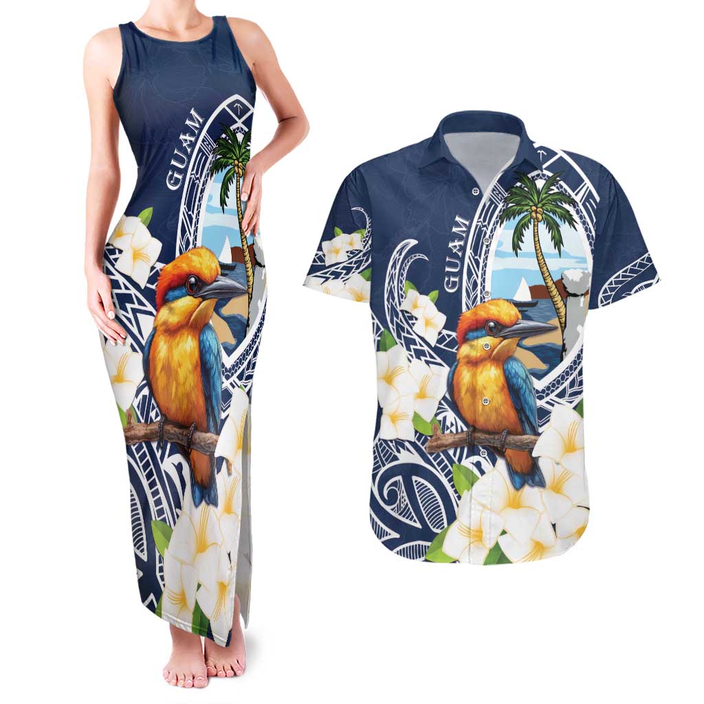 Hafa Adai Guam Couples Matching Tank Maxi Dress and Hawaiian Shirt Sihek Guam Kingfisher with Guasali
