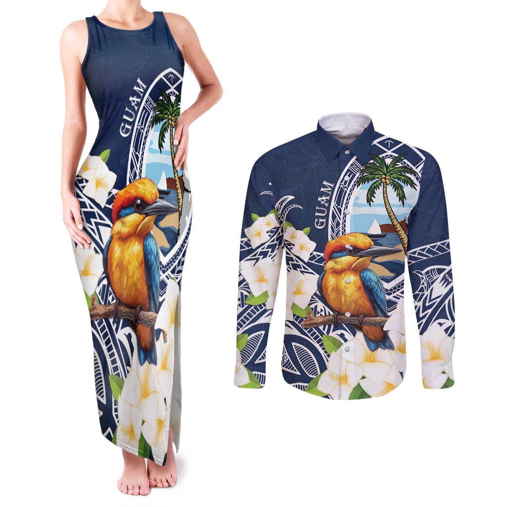 Hafa Adai Guam Couples Matching Tank Maxi Dress and Long Sleeve Button Shirt Sihek Guam Kingfisher with Guasali