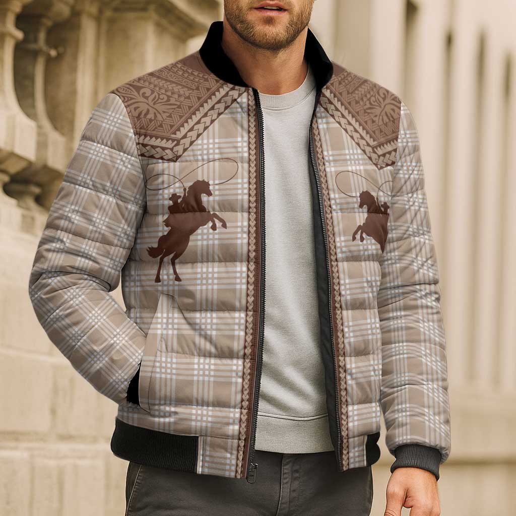 Aloha Hawaii Cowboys Paniolo Bomber Puffer Jacket Beige Palaka - Polynesian Pride