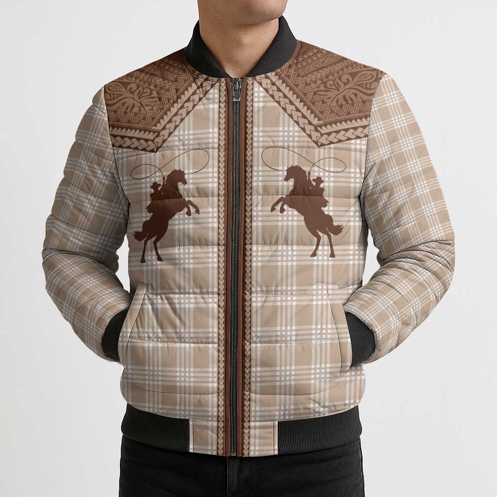 Aloha Hawaii Cowboys Paniolo Bomber Puffer Jacket Beige Palaka - Polynesian Pride
