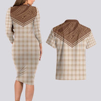 Aloha Hawaii Cowboys Paniolo Couples Matching Long Sleeve Bodycon Dress and Hawaiian Shirt Beige Palaka - Polynesian Pride