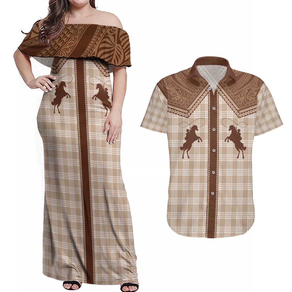 Aloha Hawaii Cowboys Paniolo Couples Matching Off Shoulder Maxi Dress and Hawaiian Shirt Beige Palaka - Polynesian Pride