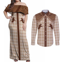 Aloha Hawaii Cowboys Paniolo Couples Matching Off Shoulder Maxi Dress and Long Sleeve Button Shirt Beige Palaka - Polynesian Pride
