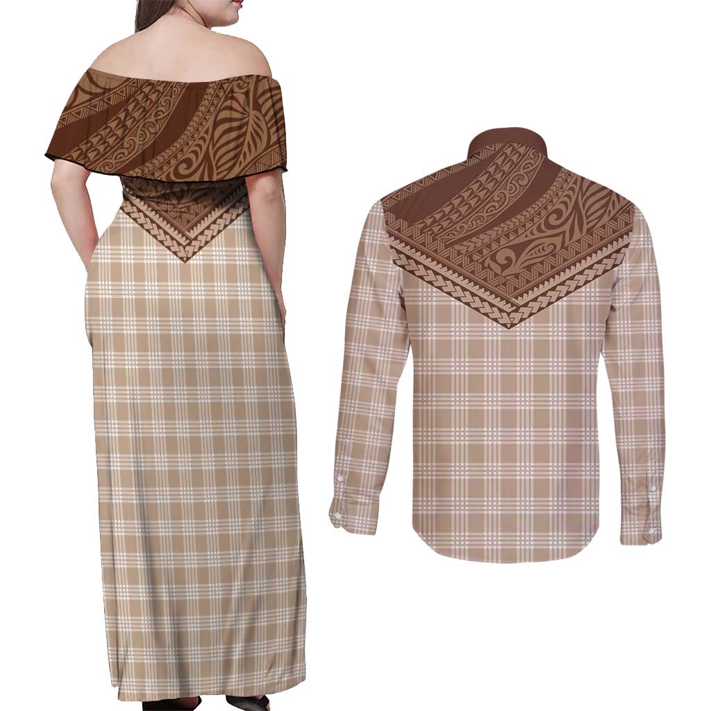 Aloha Hawaii Cowboys Paniolo Couples Matching Off Shoulder Maxi Dress and Long Sleeve Button Shirt Beige Palaka - Polynesian Pride