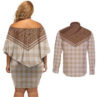 Aloha Hawaii Cowboys Paniolo Couples Matching Off Shoulder Short Dress and Long Sleeve Button Shirt Beige Palaka - Polynesian Pride