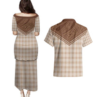 Aloha Hawaii Cowboys Paniolo Couples Matching Puletasi and Hawaiian Shirt Beige Palaka - Polynesian Pride