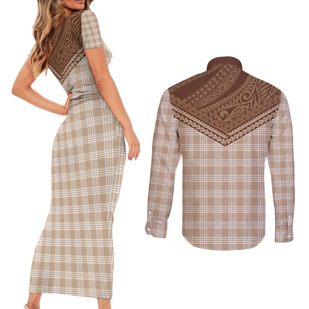 Aloha Hawaii Cowboys Paniolo Couples Matching Short Sleeve Bodycon Dress and Long Sleeve Button Shirt Beige Palaka - Polynesian Pride