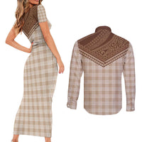 Aloha Hawaii Cowboys Paniolo Couples Matching Short Sleeve Bodycon Dress and Long Sleeve Button Shirt Beige Palaka - Polynesian Pride