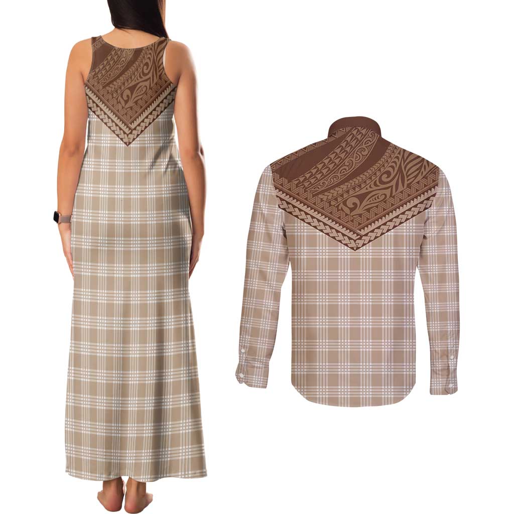 Aloha Hawaii Cowboys Paniolo Couples Matching Tank Maxi Dress and Long Sleeve Button Shirt Beige Palaka - Polynesian Pride
