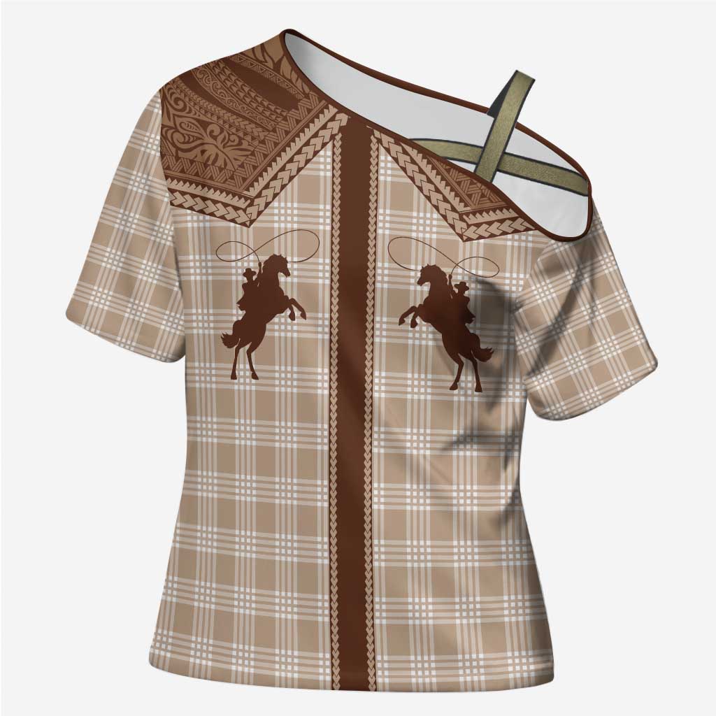 Aloha Hawaii Cowboys Paniolo Cross Shoulder Shirt Beige Palaka - Polynesian Pride