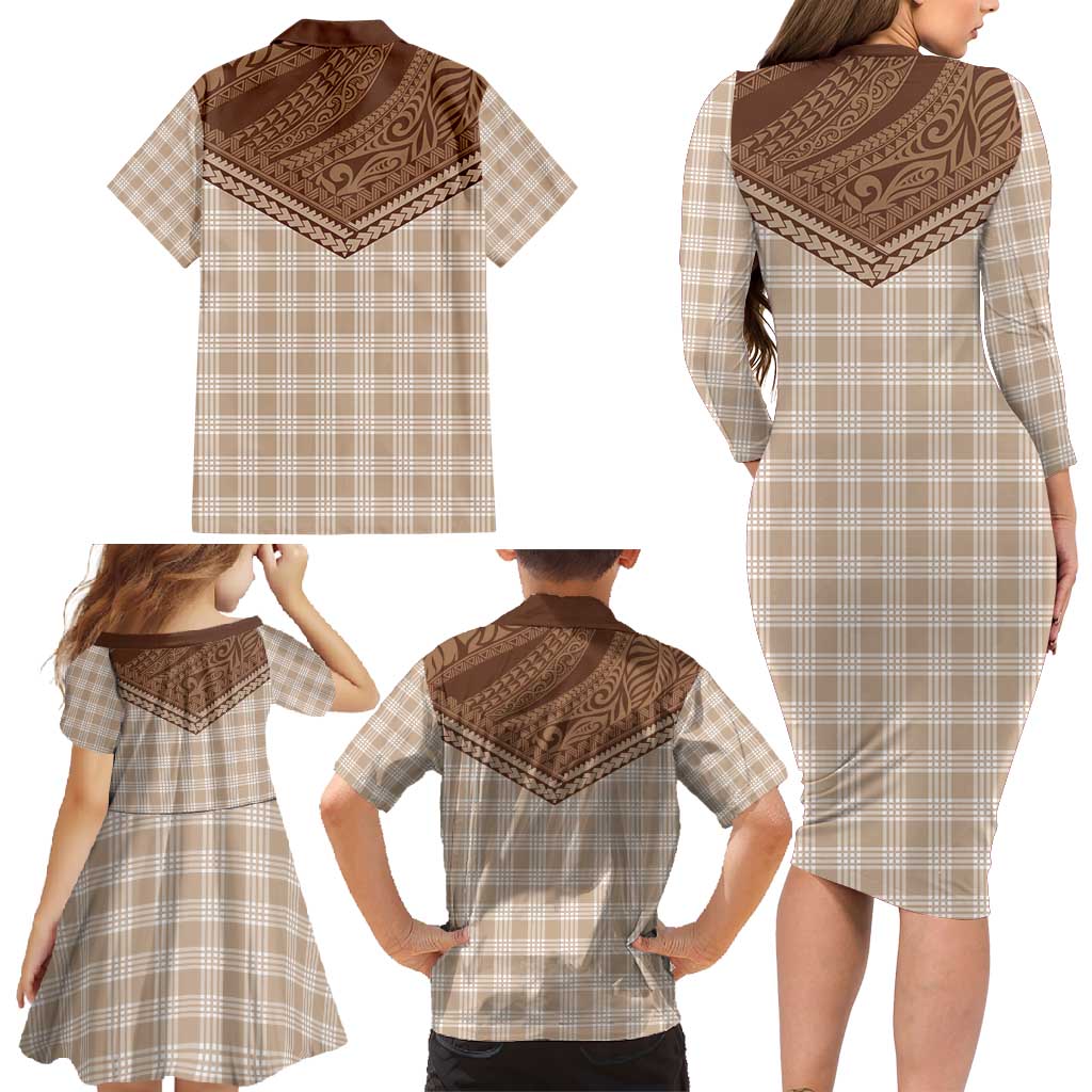 Aloha Hawaii Cowboys Paniolo Family Matching Long Sleeve Bodycon Dress and Hawaiian Shirt Beige Palaka - Polynesian Pride