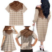 Aloha Hawaii Cowboys Paniolo Family Matching Off The Shoulder Long Sleeve Dress and Hawaiian Shirt Beige Palaka - Polynesian Pride