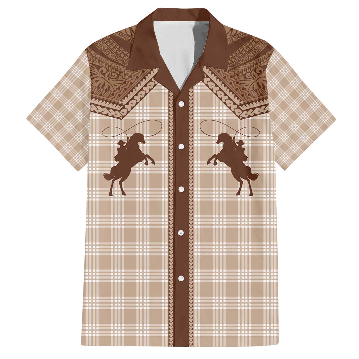 Aloha Hawaii Cowboys Paniolo Family Matching Off The Shoulder Long Sleeve Dress and Hawaiian Shirt Beige Palaka - Polynesian Pride