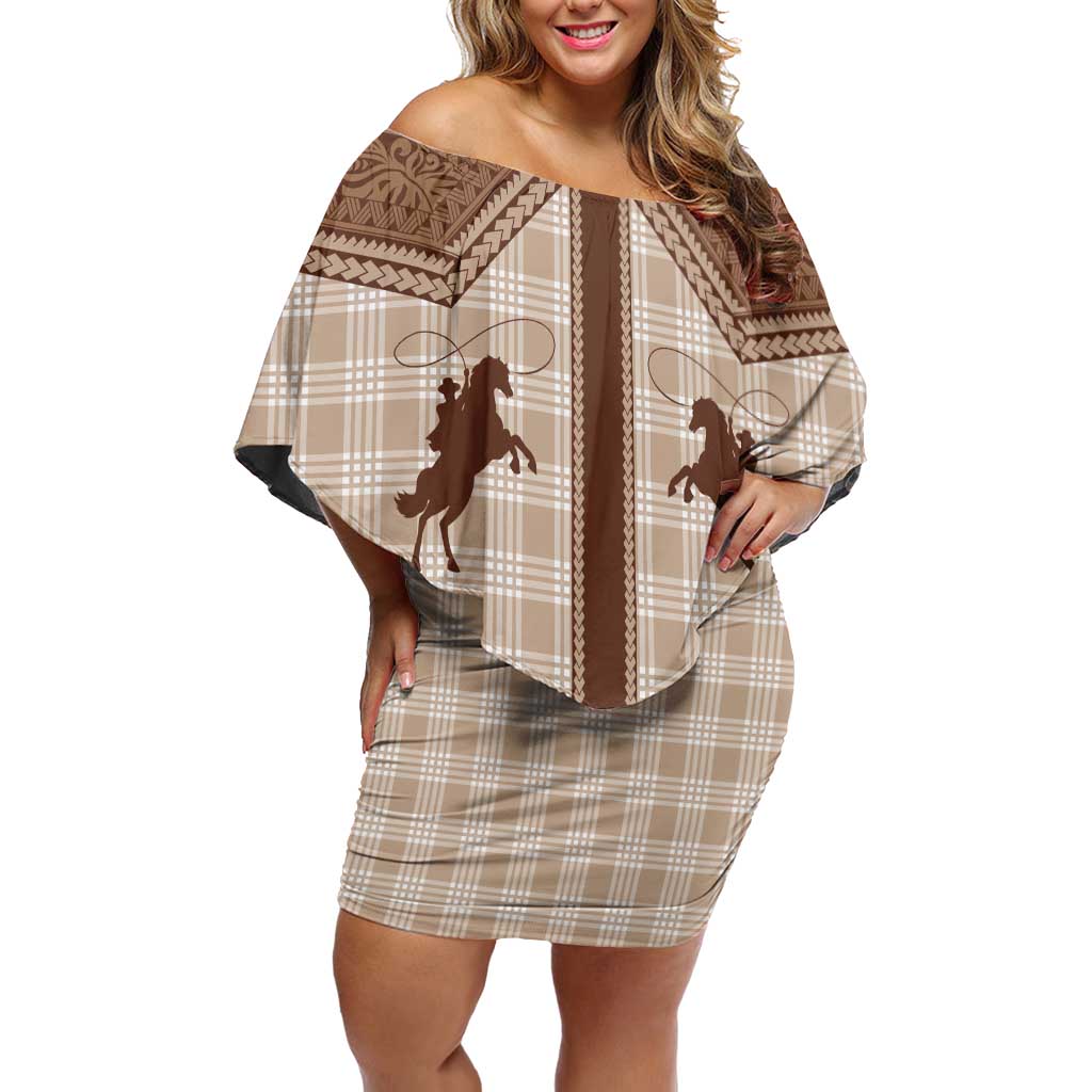 Aloha Hawaii Cowboys Paniolo Family Matching Off Shoulder Short Dress and Hawaiian Shirt Beige Palaka - Polynesian Pride