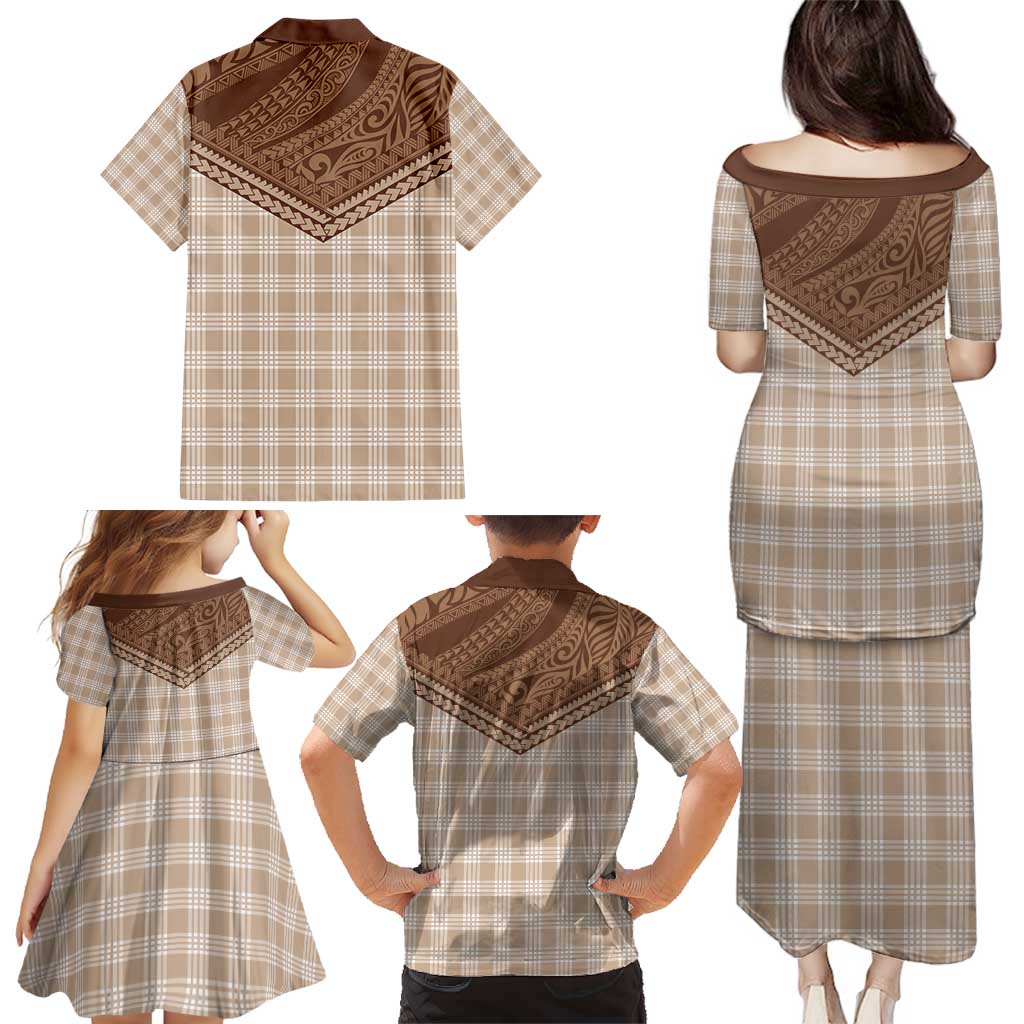 Aloha Hawaii Cowboys Paniolo Family Matching Puletasi and Hawaiian Shirt Beige Palaka - Polynesian Pride