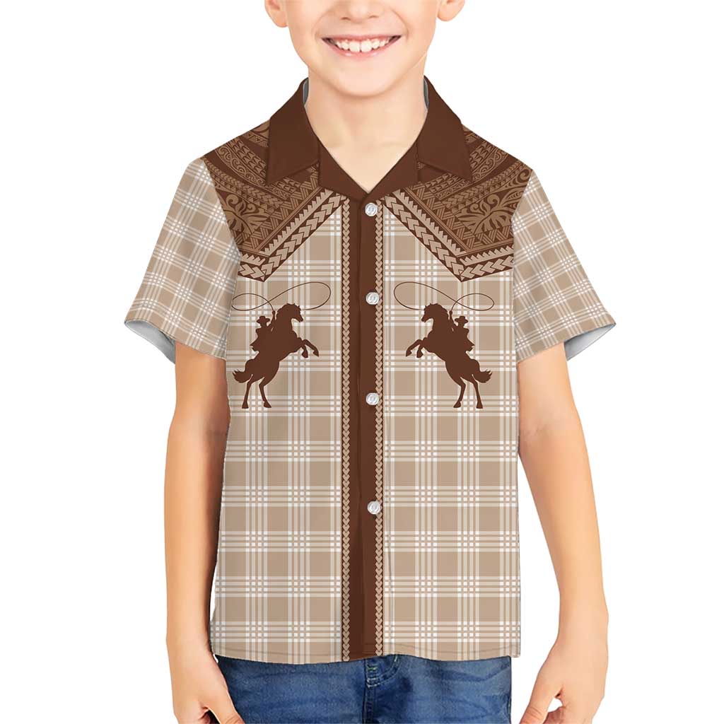 Aloha Hawaii Cowboys Paniolo Family Matching Short Sleeve Bodycon Dress and Hawaiian Shirt Beige Palaka - Polynesian Pride