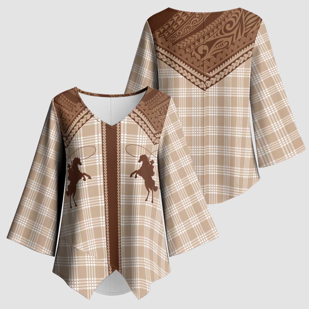 Aloha Hawaii Cowboys Paniolo Kimono Sleeve Blouse Beige Palaka - Polynesian Pride