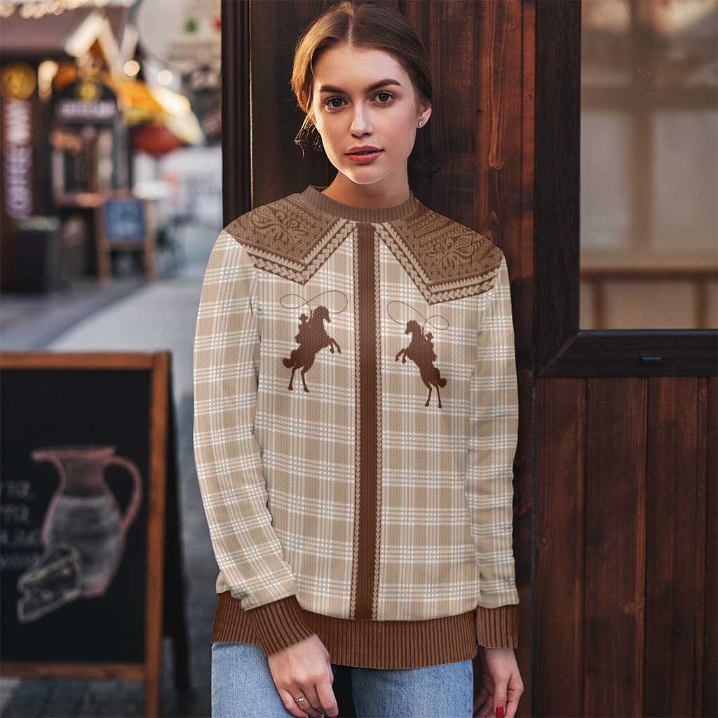 Aloha Hawaii Cowboys Paniolo Ugly Christmas Sweater Beige Palaka - Polynesian Pride