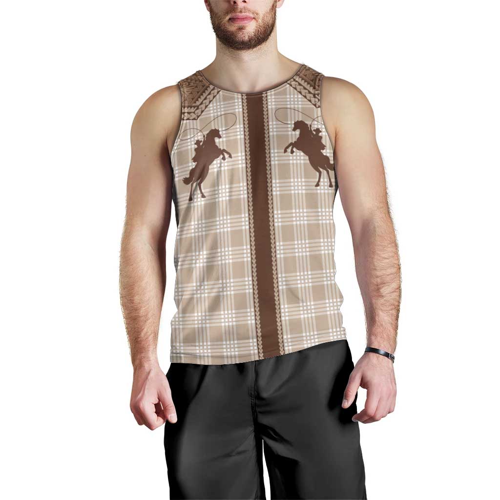 Aloha Hawaii Cowboys Paniolo Men Tank Top Beige Palaka - Polynesian Pride
