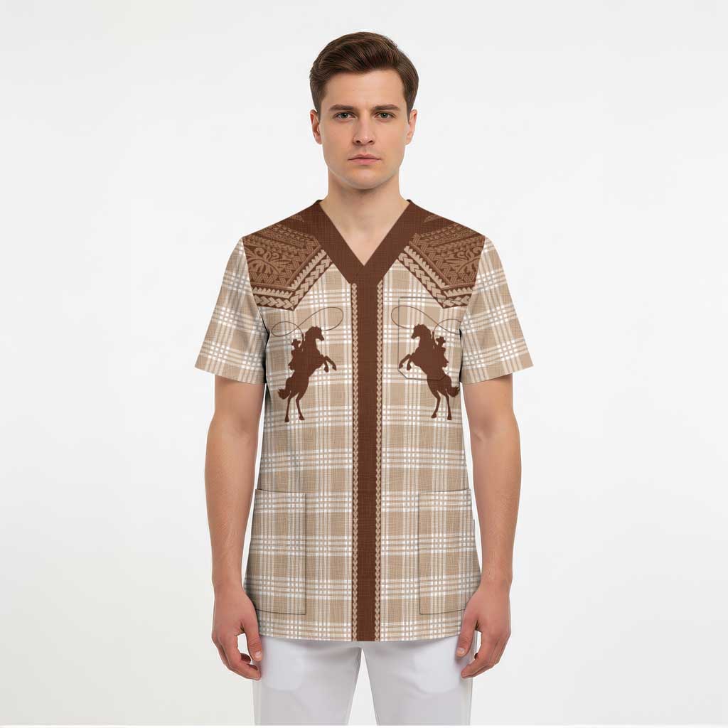 Aloha Hawaii Cowboys Paniolo Scrub Top Beige Palaka - Polynesian Pride