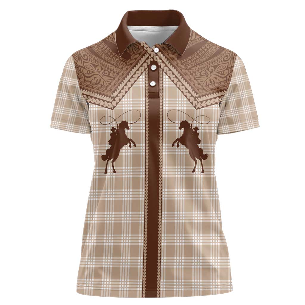Aloha Hawaii Cowboys Paniolo Women Polo Shirt Beige Palaka - Polynesian Pride