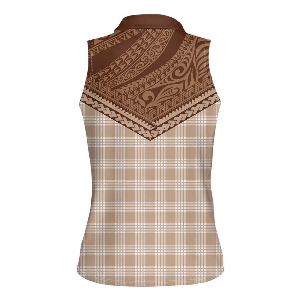 Aloha Hawaii Cowboys Paniolo Women Sleeveless Polo Shirt Beige Palaka - Polynesian Pride