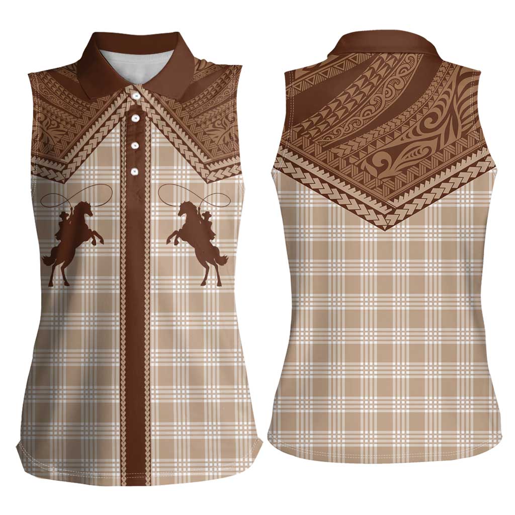 Aloha Hawaii Cowboys Paniolo Women Sleeveless Polo Shirt Beige Palaka - Polynesian Pride