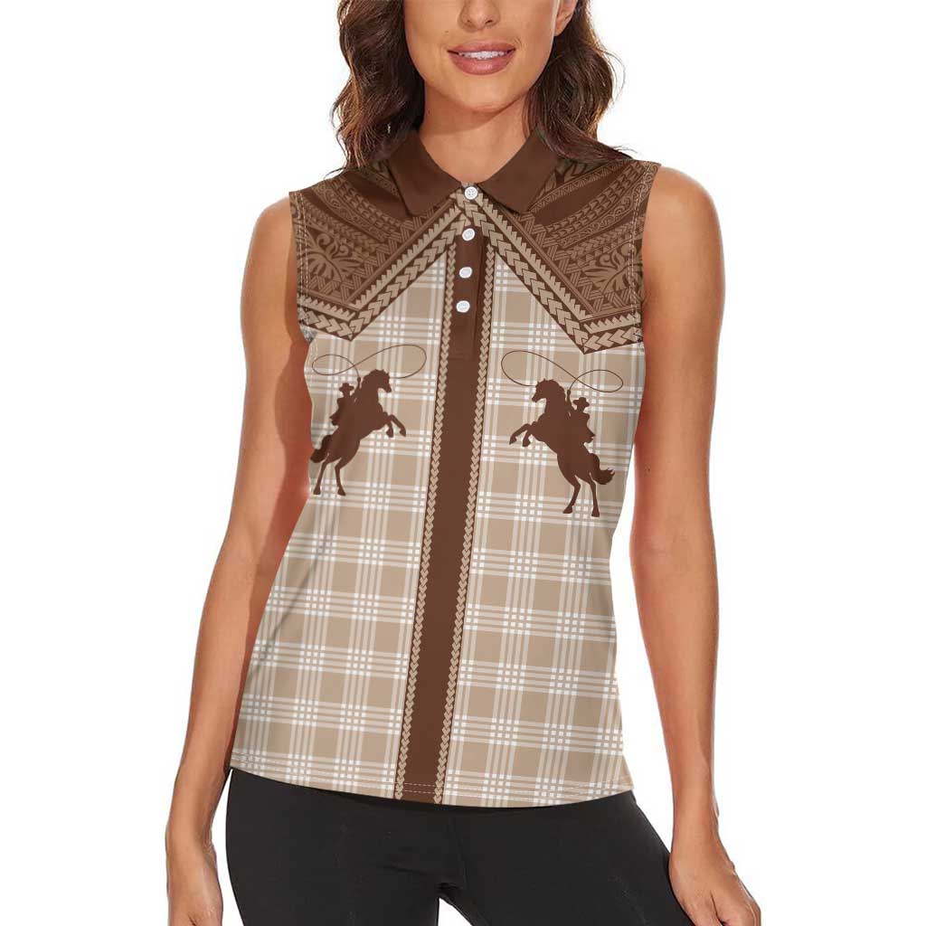 Aloha Hawaii Cowboys Paniolo Women Sleeveless Polo Shirt Beige Palaka - Polynesian Pride
