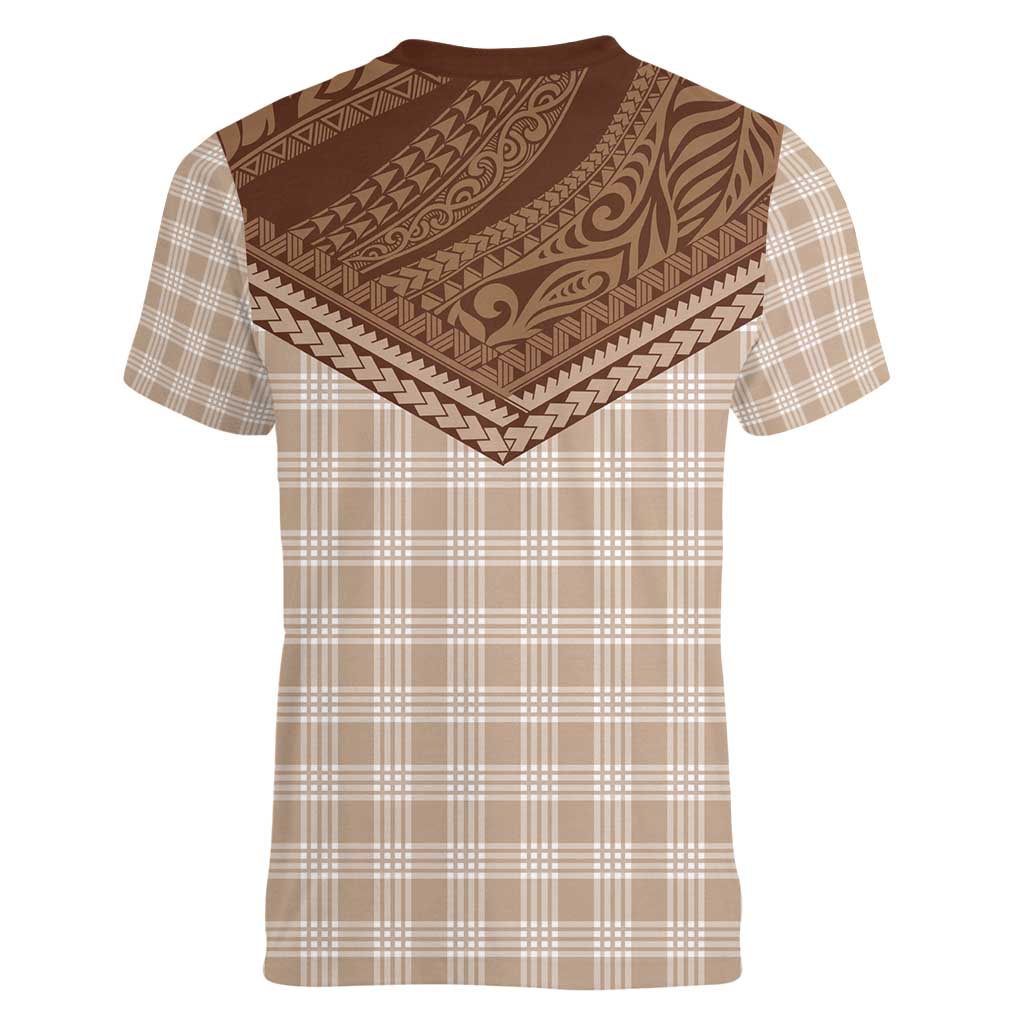 Aloha Hawaii Cowboys Paniolo Women V-Neck T-Shirt Beige Palaka - Polynesian Pride