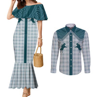 Aloha Hawaii Cowboys Paniolo Couples Matching Mermaid Dress and Long Sleeve Button Shirt Teal Palaka - Polynesian Pride