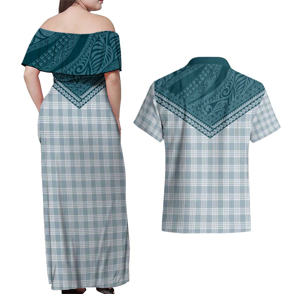 Aloha Hawaii Cowboys Paniolo Couples Matching Off Shoulder Maxi Dress and Hawaiian Shirt Teal Palaka - Polynesian Pride