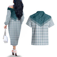 Aloha Hawaii Cowboys Paniolo Couples Matching Off The Shoulder Long Sleeve Dress and Hawaiian Shirt Teal Palaka - Polynesian Pride