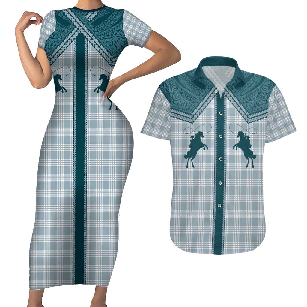Aloha Hawaii Cowboys Paniolo Couples Matching Short Sleeve Bodycon Dress and Hawaiian Shirt Teal Palaka - Polynesian Pride