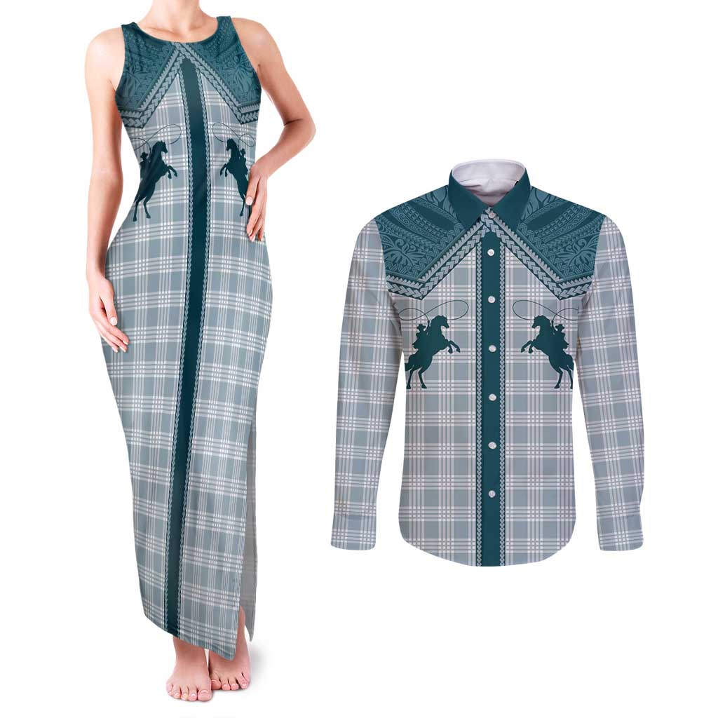 Aloha Hawaii Cowboys Paniolo Couples Matching Tank Maxi Dress and Long Sleeve Button Shirt Teal Palaka - Polynesian Pride