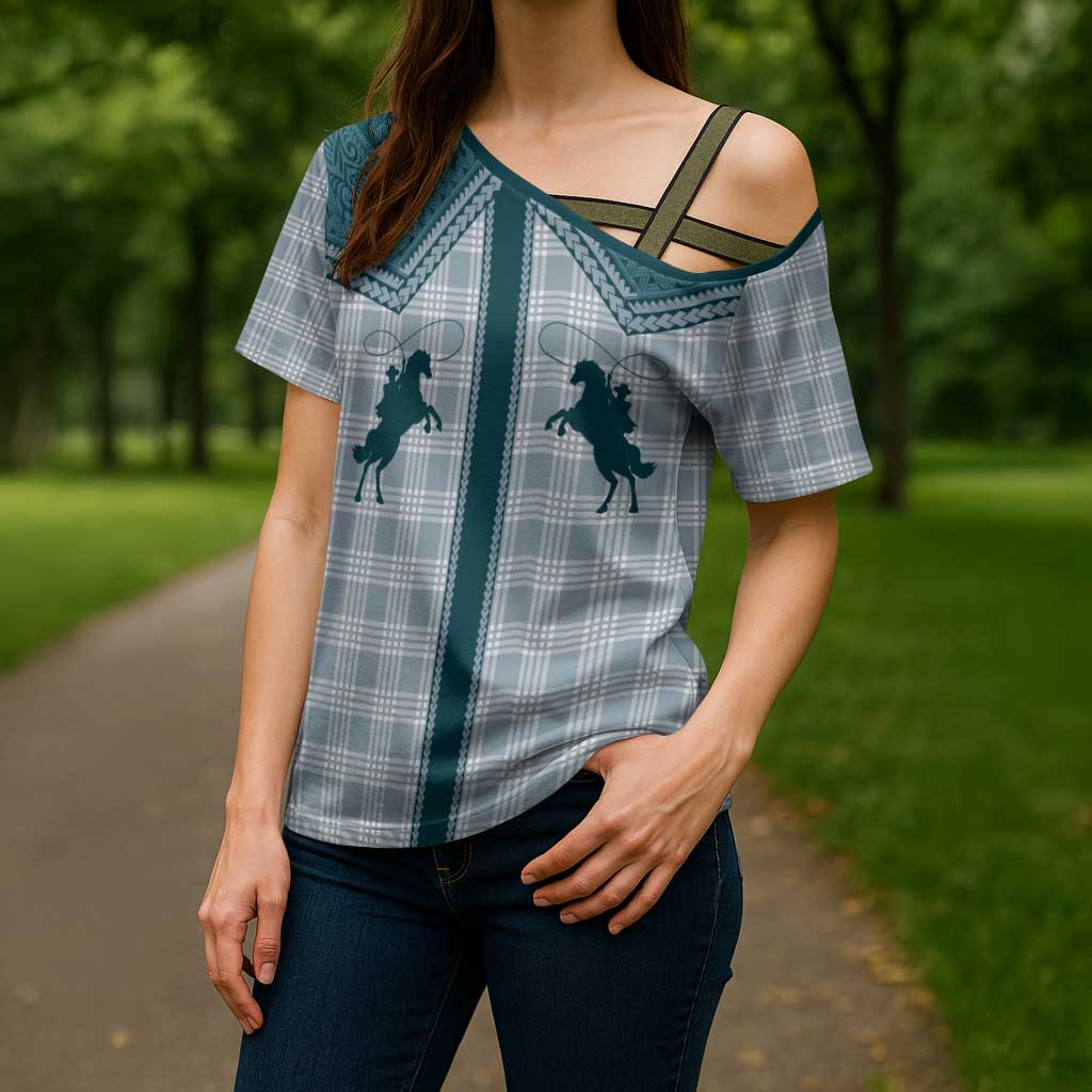 Aloha Hawaii Cowboys Paniolo Cross Shoulder Shirt Teal Palaka - Polynesian Pride