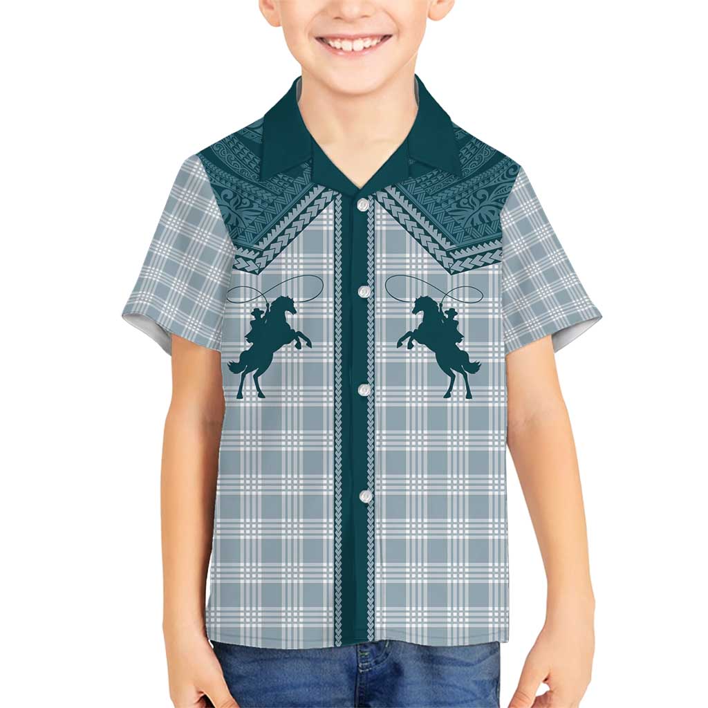 Aloha Hawaii Cowboys Paniolo Family Matching Long Sleeve Bodycon Dress and Hawaiian Shirt Teal Palaka - Polynesian Pride