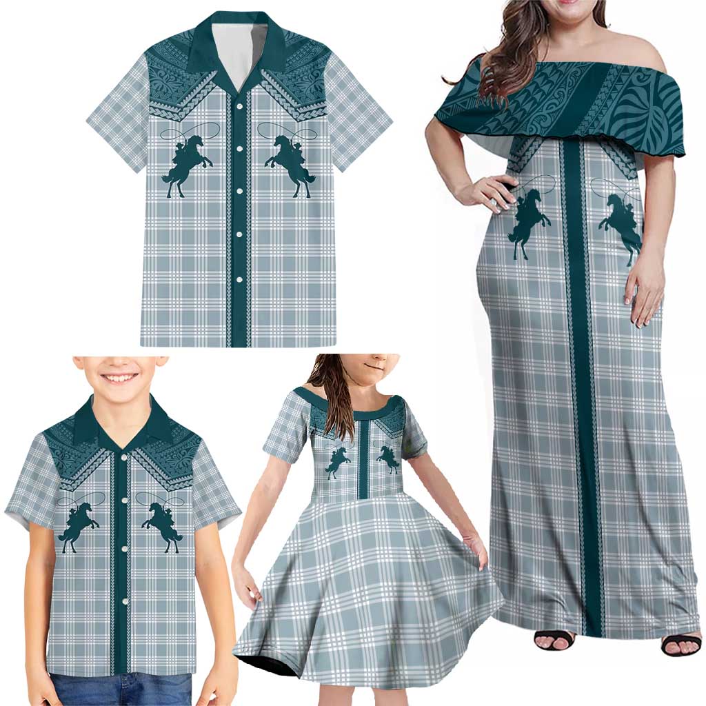Aloha Hawaii Cowboys Paniolo Family Matching Off Shoulder Maxi Dress and Hawaiian Shirt Teal Palaka - Polynesian Pride