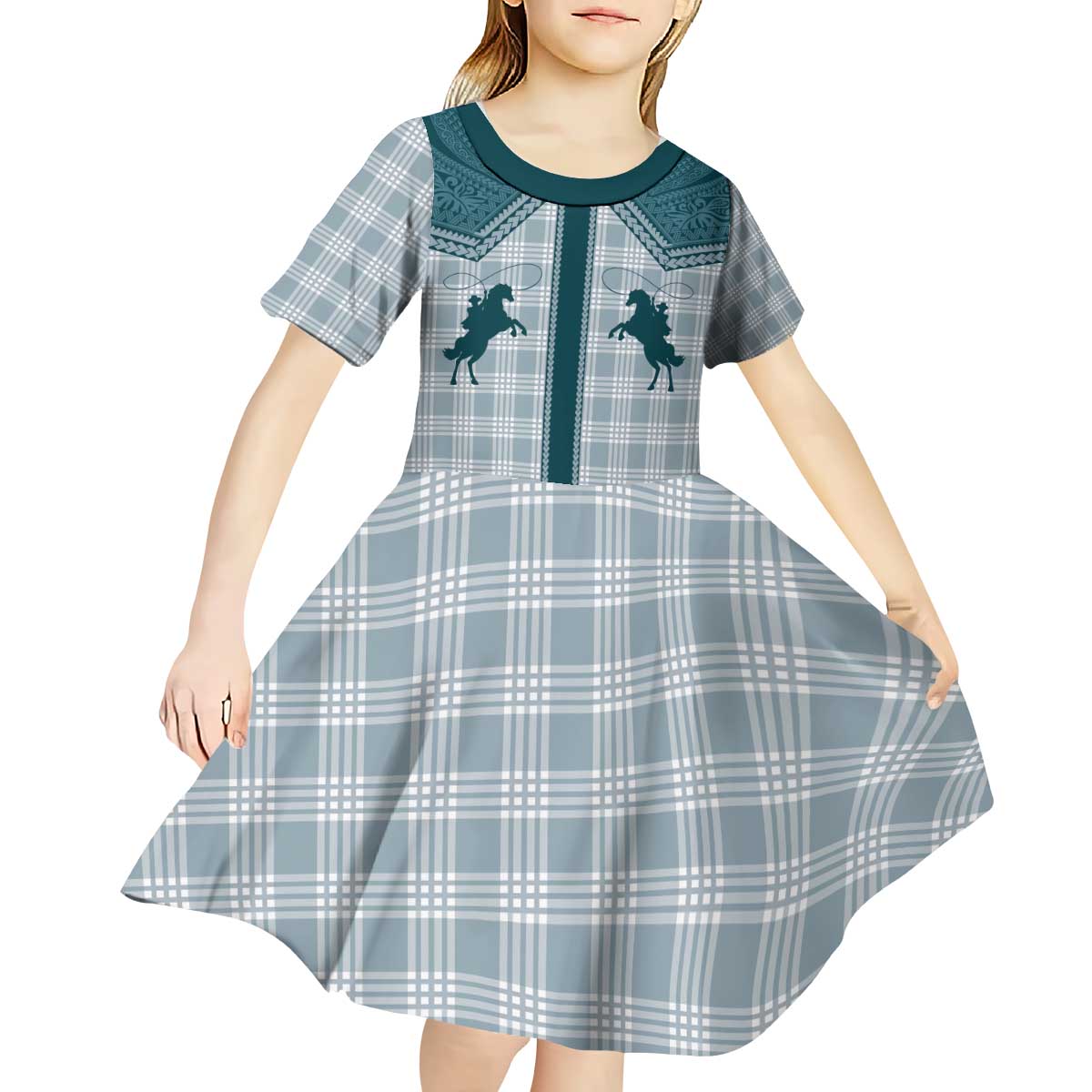 Aloha Hawaii Cowboys Paniolo Kid Short Sleeve Dress Teal Palaka - Polynesian Pride